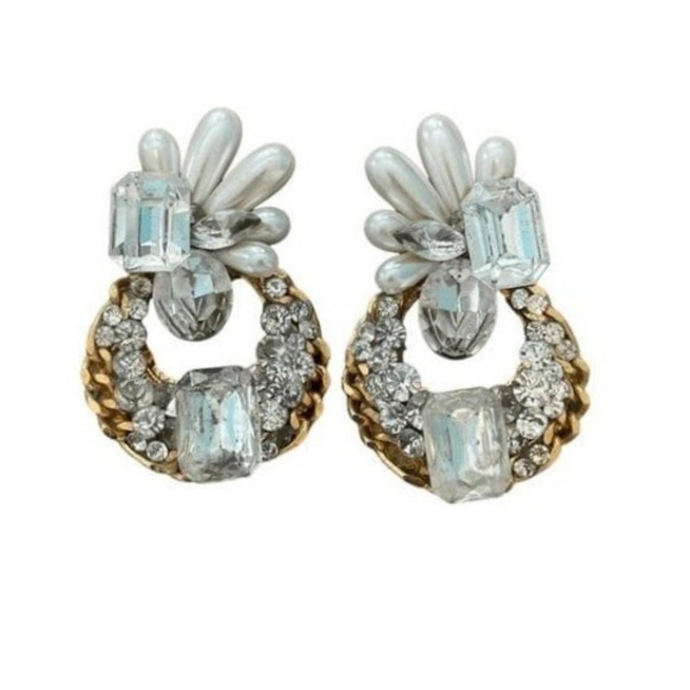 Vintage 80s Rhinestone Statement Earrings Gold Tone Metal Faux Pearls Clip On